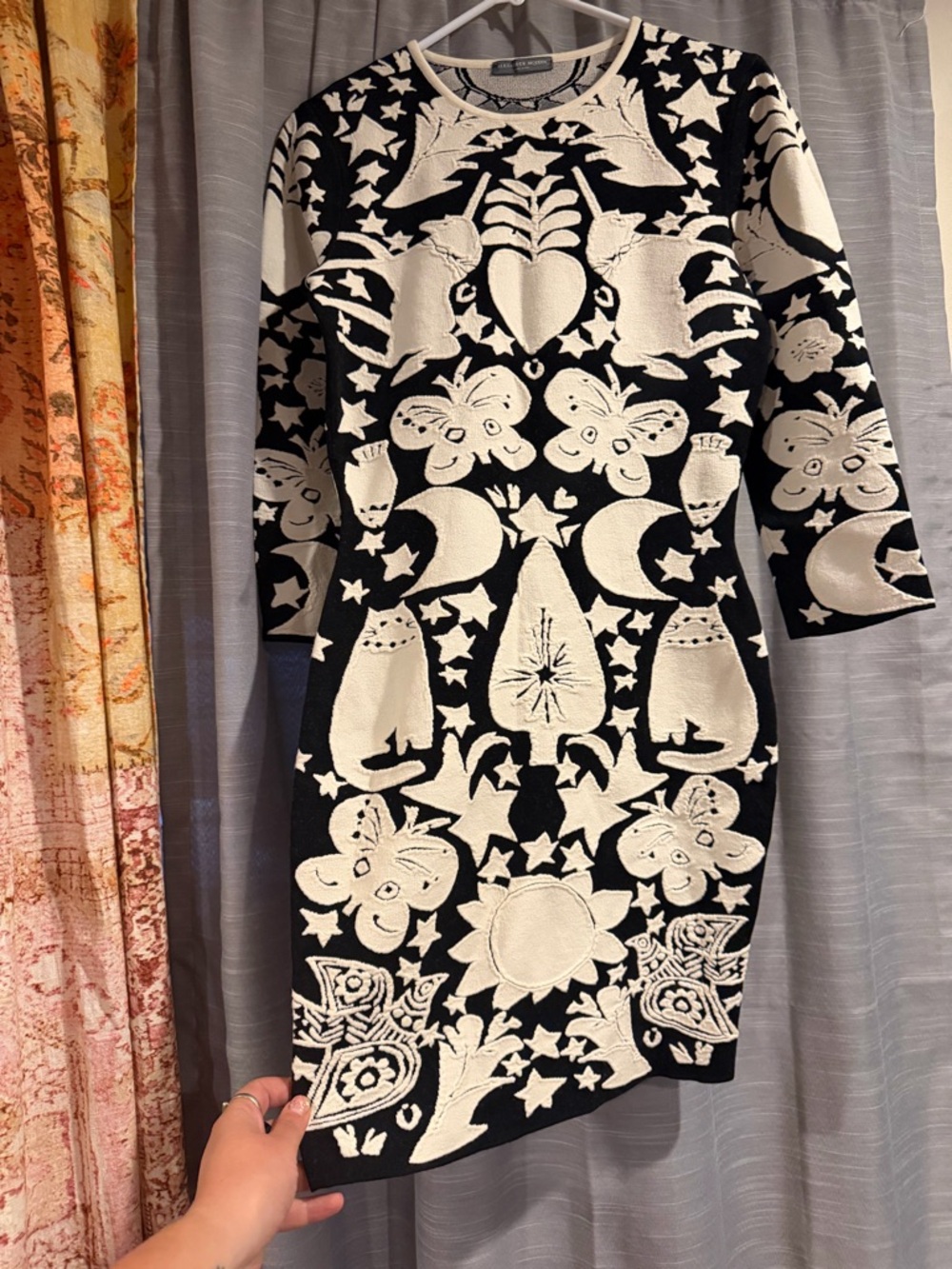 Alexander McQueen Black and White/Cream Long-Sleeve Patterned Knit Dress - Picture 2 of 7